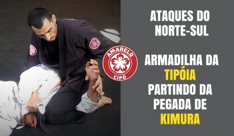 Duas pessoas no tatame: Prof. Áquila Lanza demonstrando algumas finalizações de jiu jitsu em um tatame; quadro com os dizeres Finalizações do Norte-Sul com a armadilha de TIPÓIA